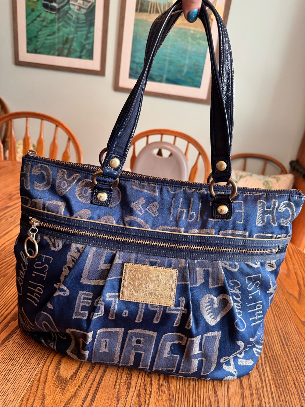 Coach Navy Script-Print Shoulder Tote with Black Leather Handles
